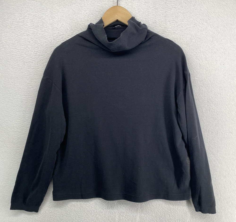 EILEEN FISHER Top S Cotton Knit Jersey Turtleneck Long Sleeve Black VTG
